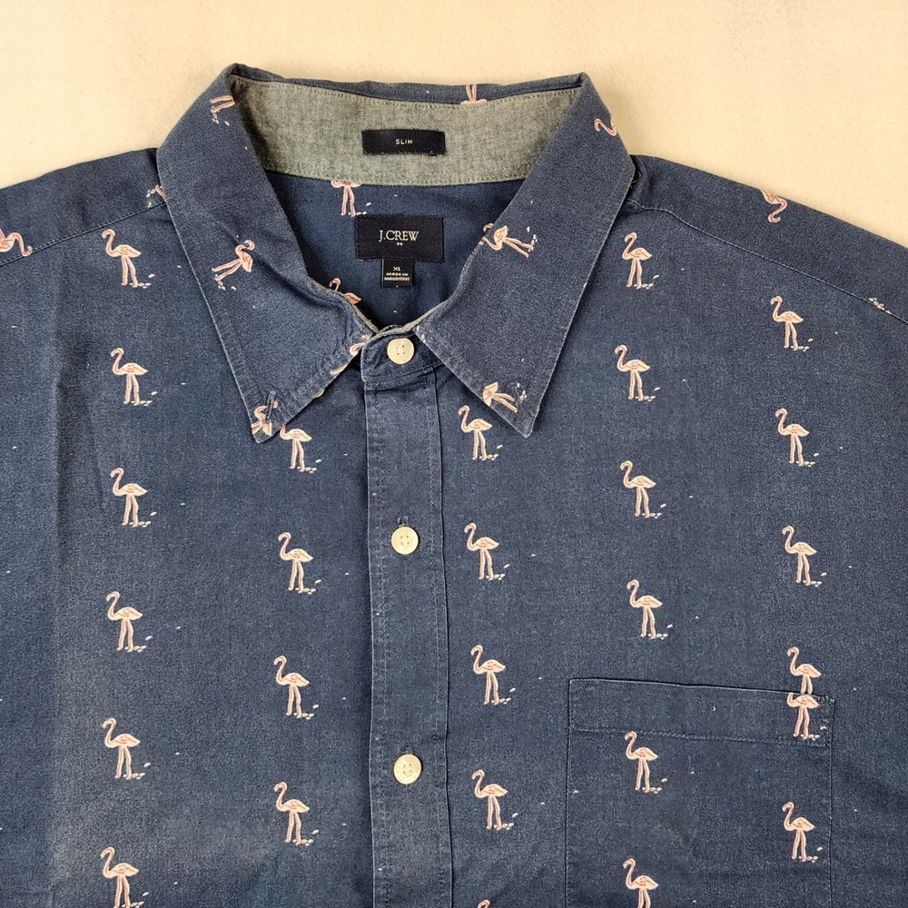 J.Crew Button Down Mens XL Navy Blue Flamingo Print Slim‎ Fit Short Sleeve Shirt
